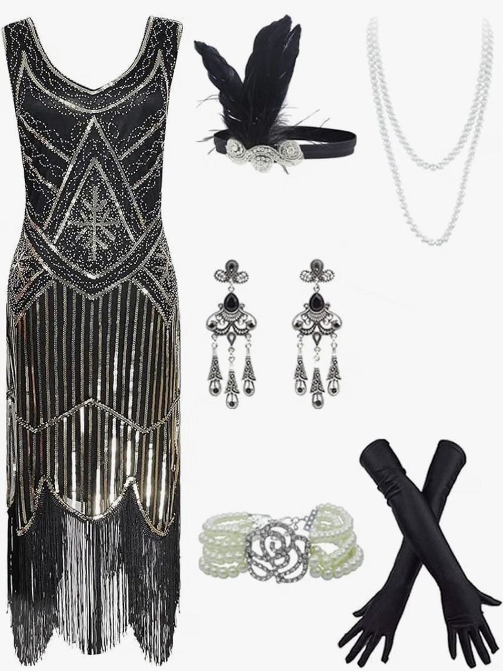 NWT Fundaisy Black Gold 20s Flapper Gatsby Sequin flapper Dress with Accessories